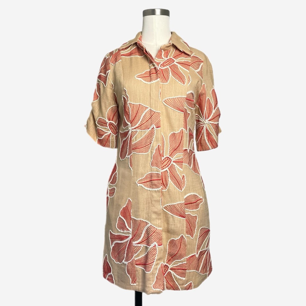 JBQ Ginger Orange linen 3D floral embroidered mini dress Miami resort luxury S